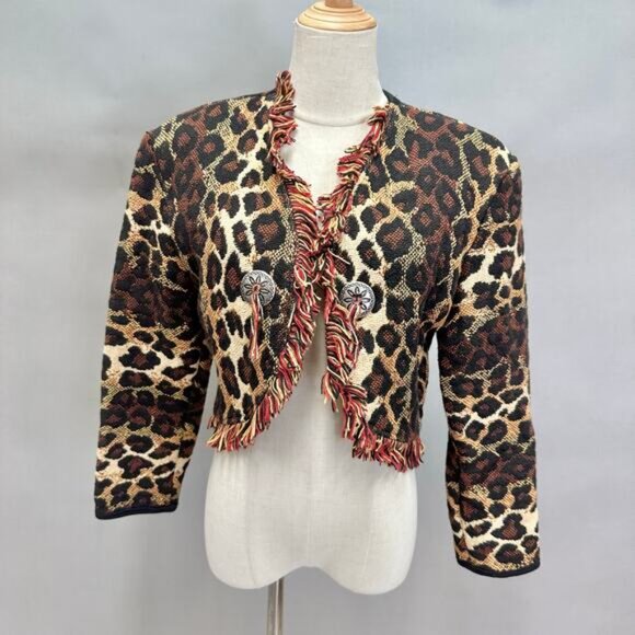 Vintage Cache Leopard Print Woven Fringe Bolero Blanket Jacket Size Small Cotton - Picture 2 of 16